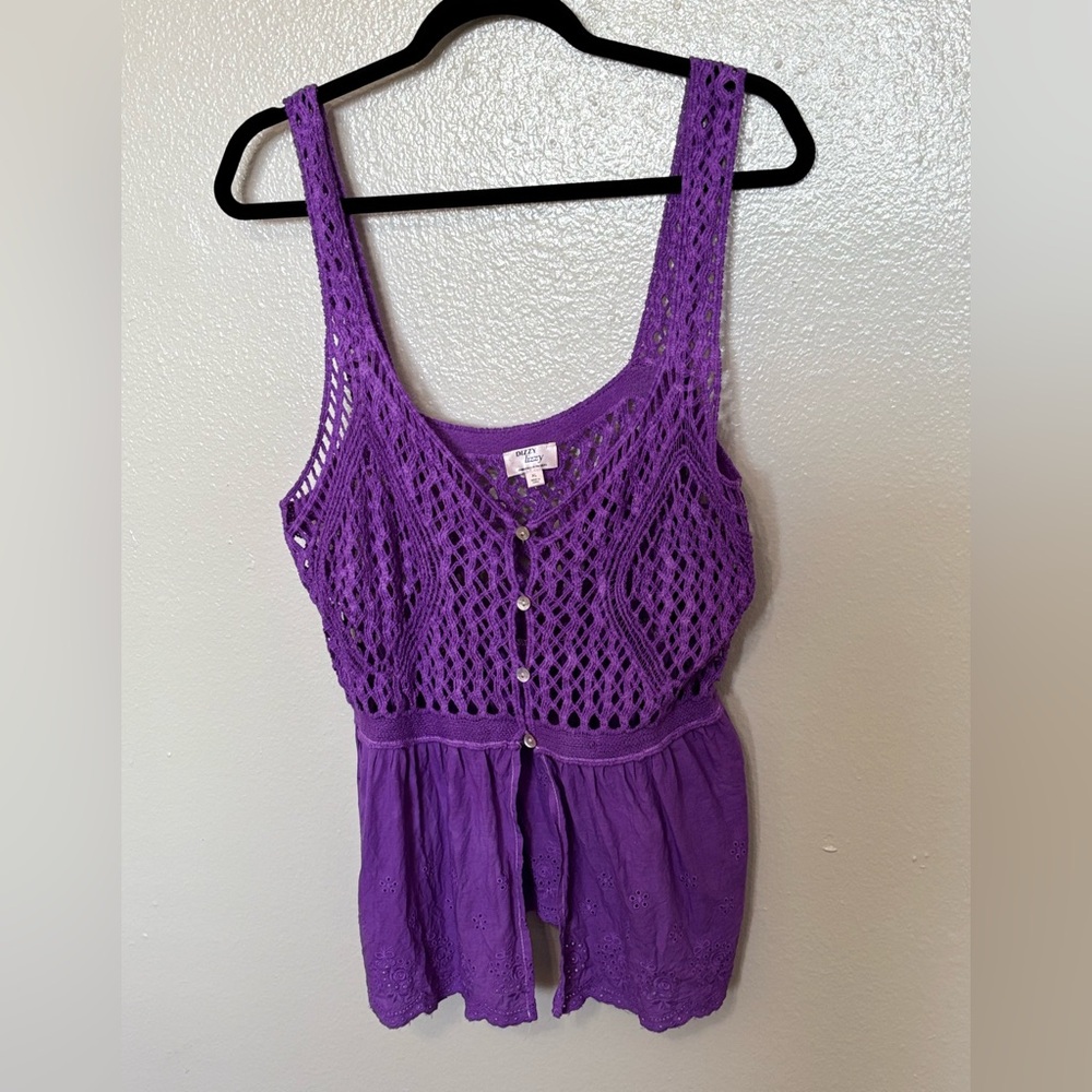 Dizzy Lizzy, purple crochet cardigan Tank Top, XL